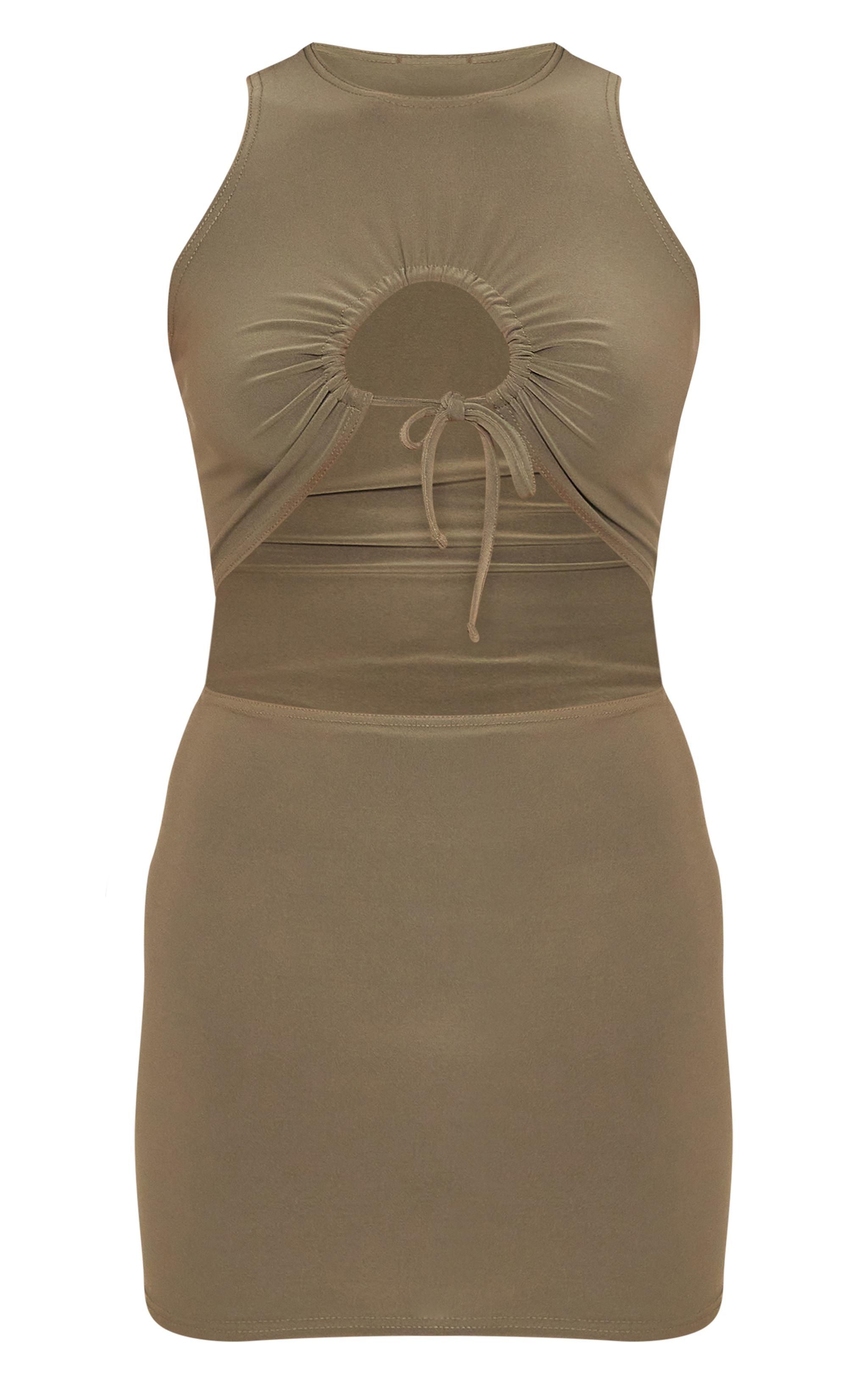 Khaki Slinky Cowl Neck Cut Out Bodycon Dress Product Image