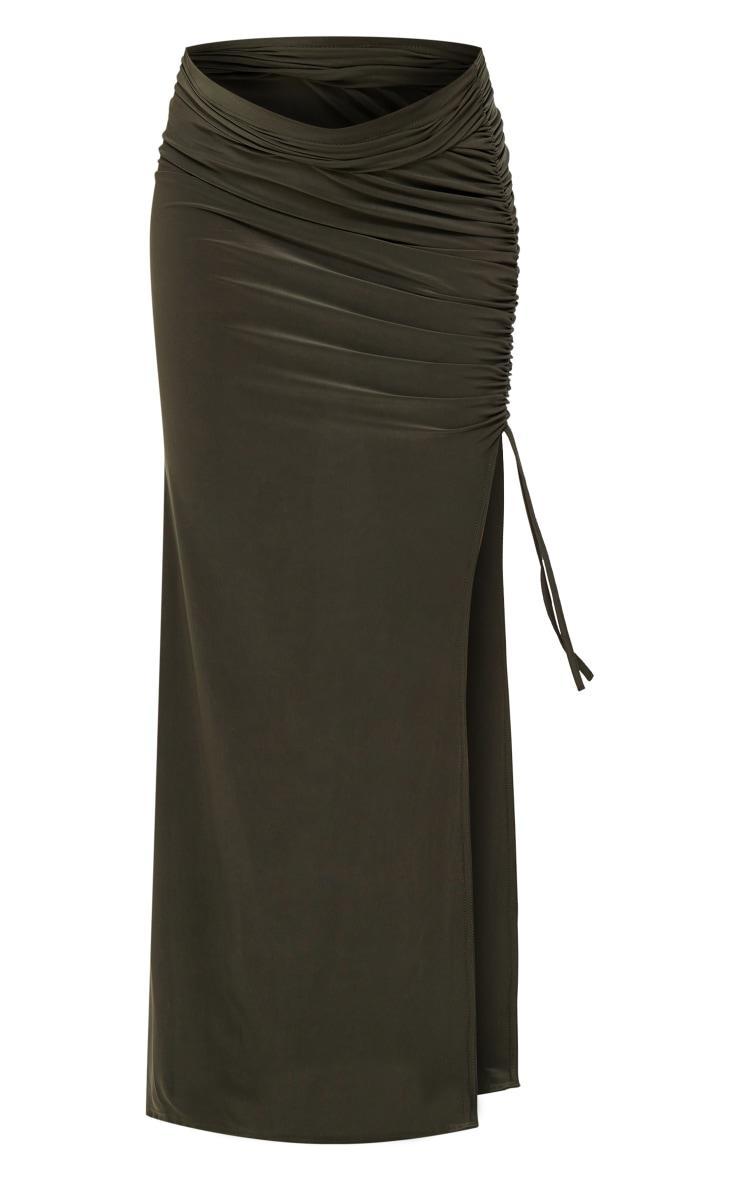 Maternity Dark Khaki Slinky Ruched Detail Maxi Skirt Product Image