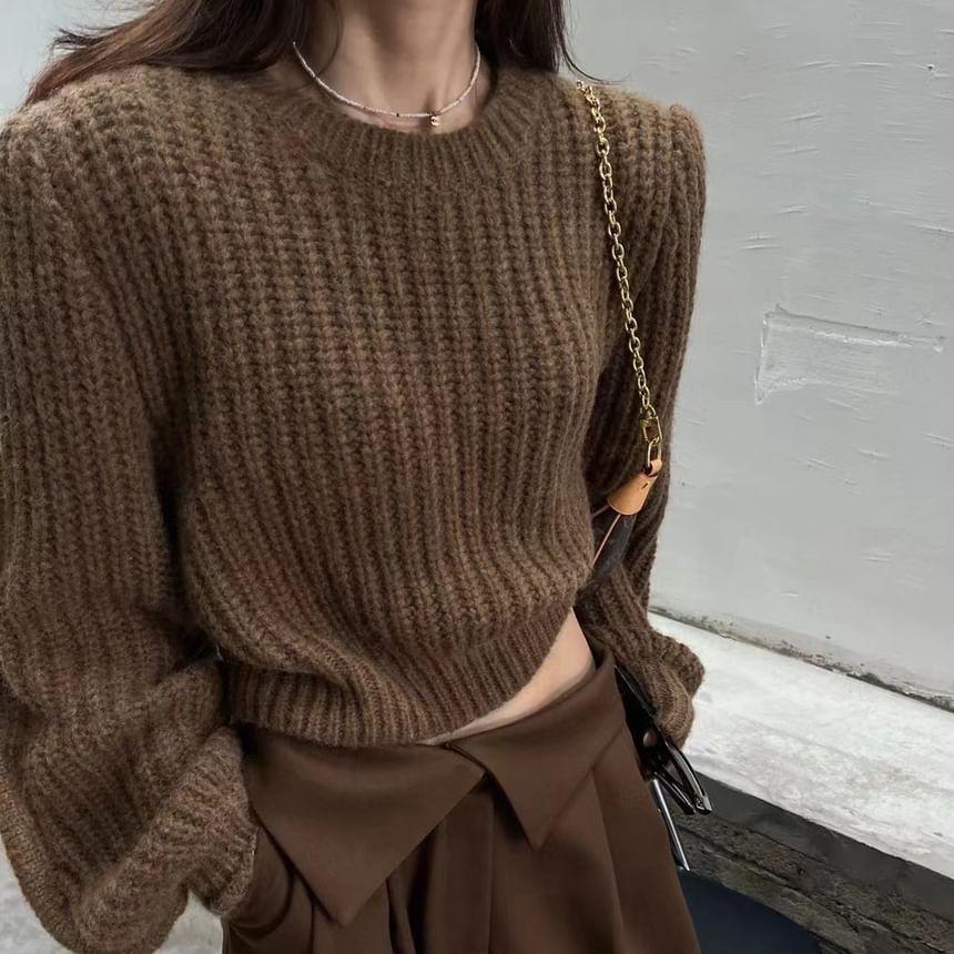 Long-Sleeve Round Neck Plain Crop Sweater Product Image