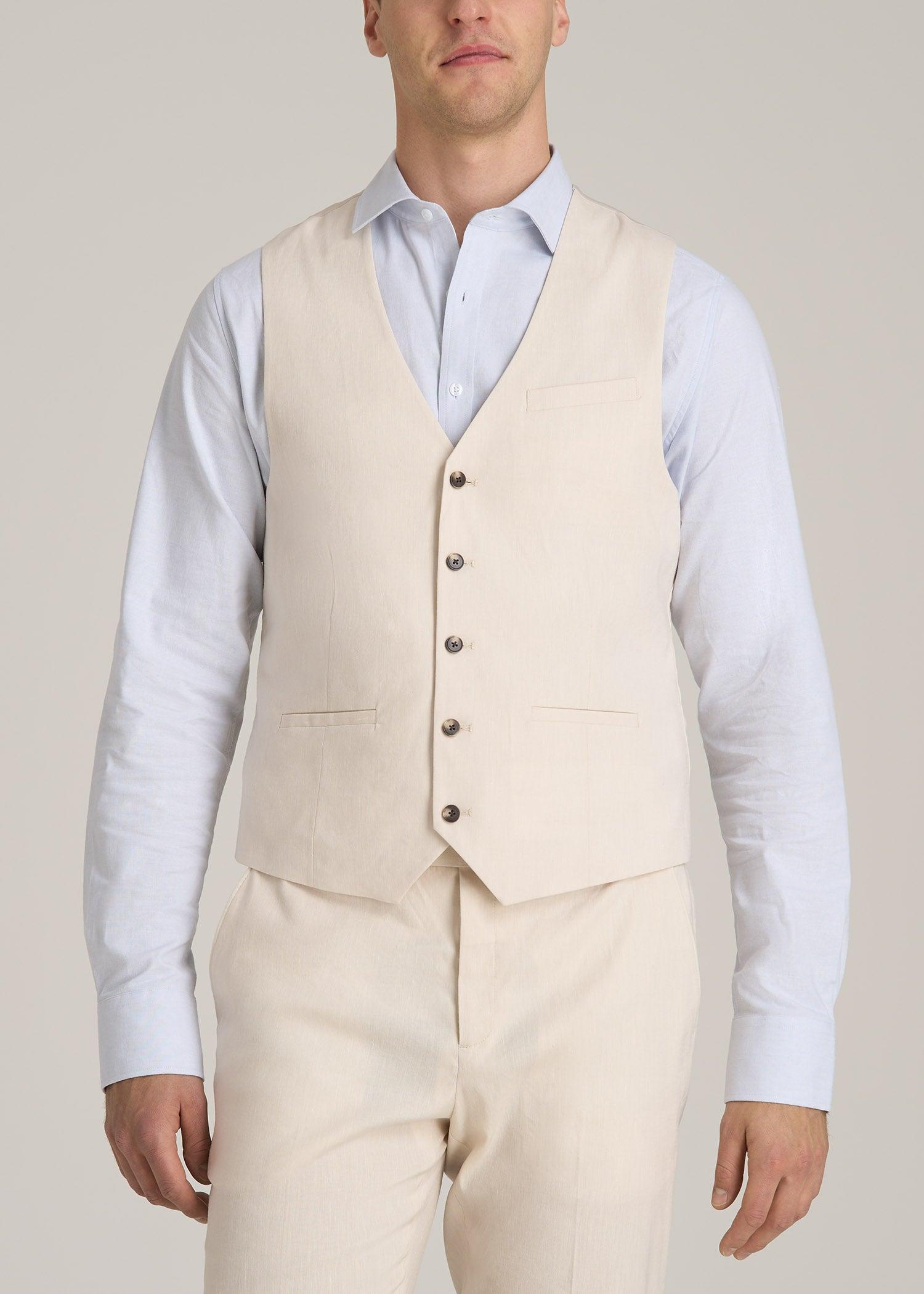 Stretch Linen Suit Vest for Tall Men in Light Beige Linen Male Product Image