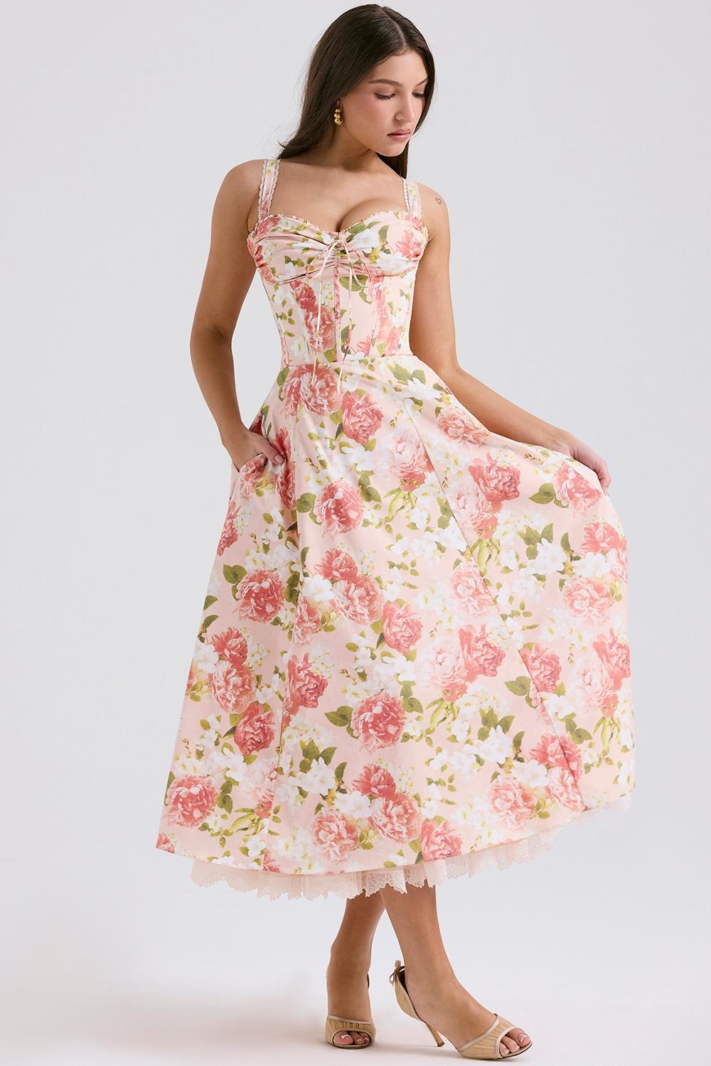 Rosalee Pink Peony Print Cotton Bustier Sundress Product Image