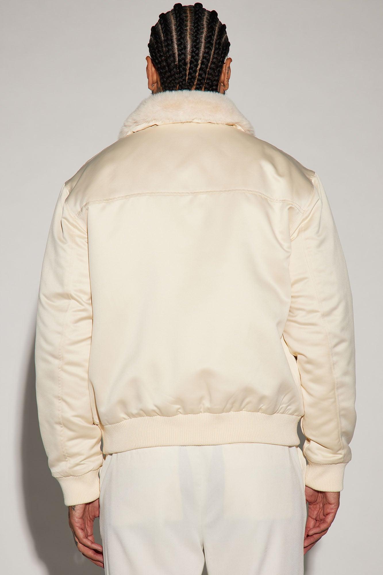 Faux Fur Collar Aviator Bomber Jacket - Cream Product Image