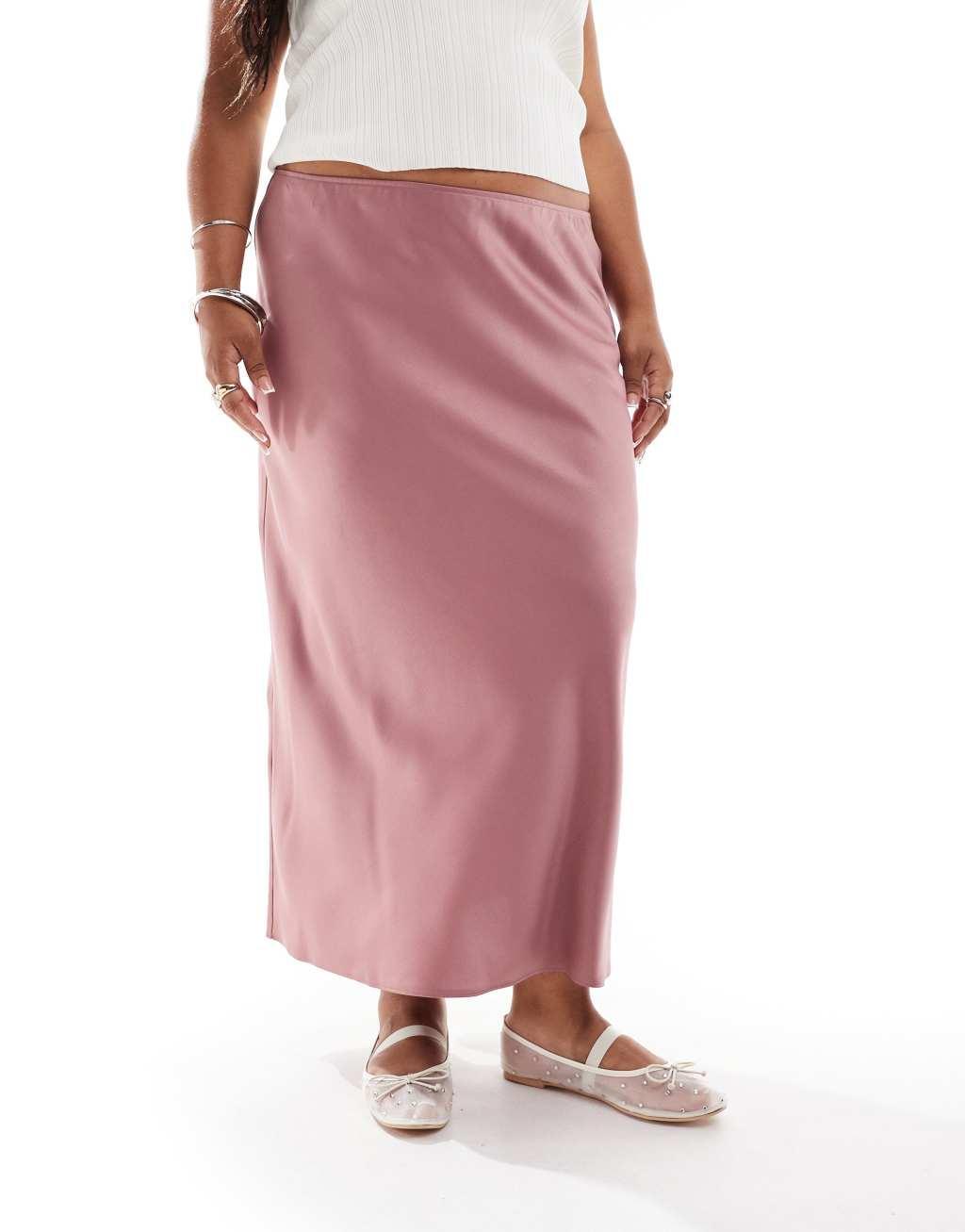 ASOS DESIGN Curve satin bias midi skirt in rose Product Image