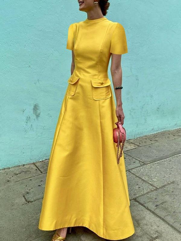 Short Sleeves Pockets Solid Color Split-Joint Round-Neck Maxi Dresses Product Image