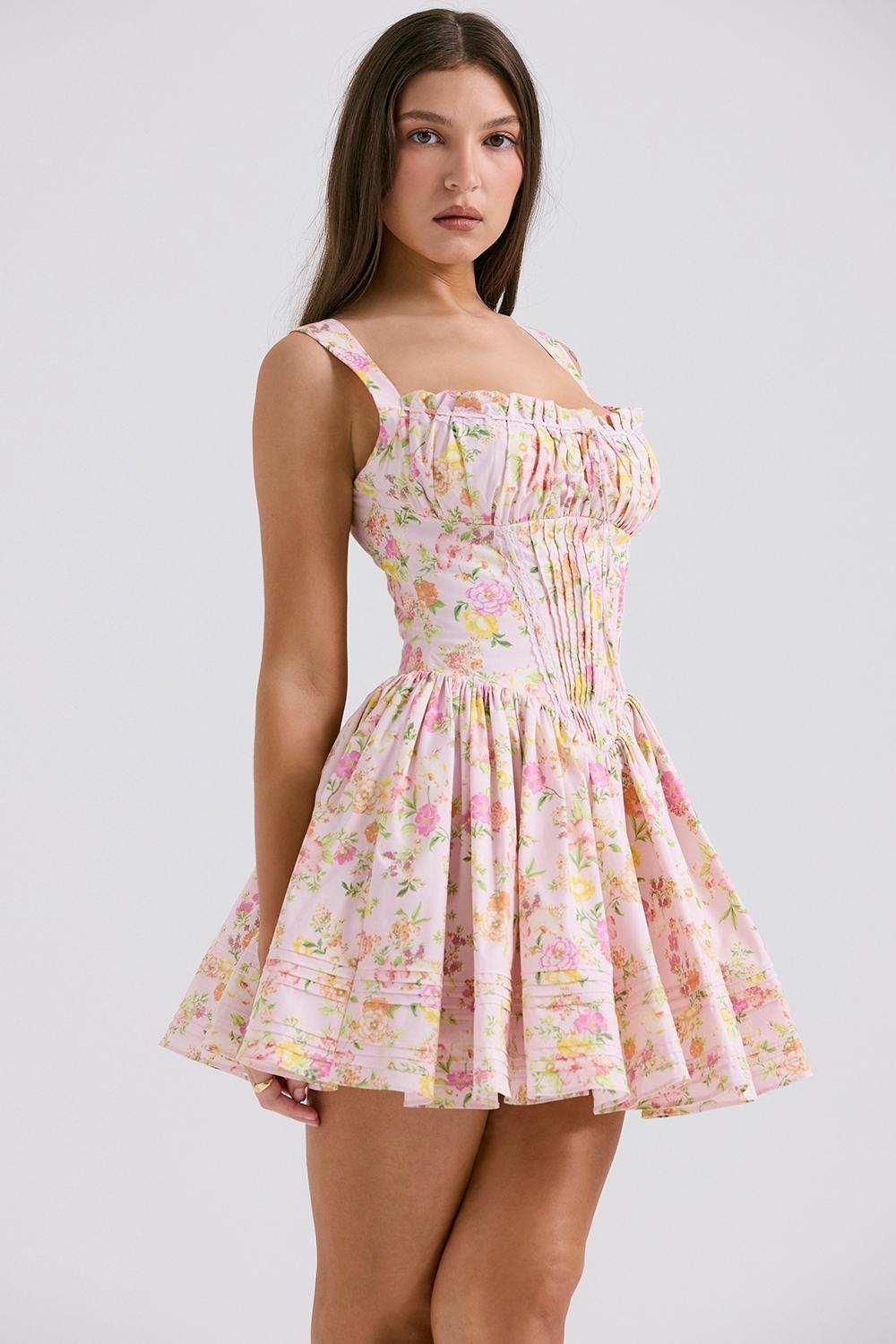 Natassia Pink Meadow Print Cotton Mini Dress Product Image