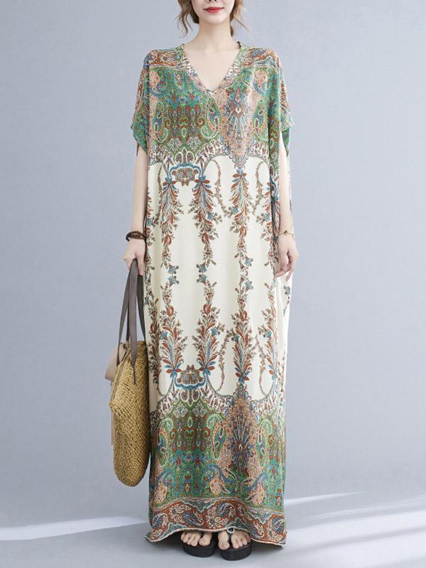 Vintage Floral Printed V-Neck Batwing Sleeves H-Line Maxi Dress Product Image