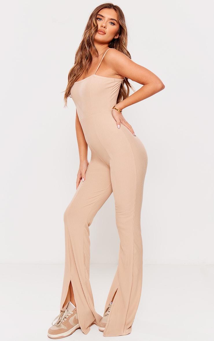 Stone Ribbed Strappy Flared Split Leg Jumpsuit Product Image