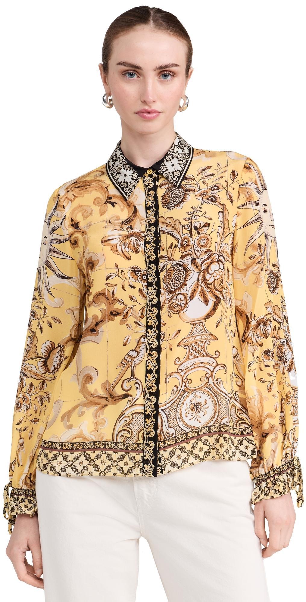 ALICE AND OLIVIA Willa Printed Crepe Tie-sleeve Blouse In Lisboa Lemon Meringue Product Image