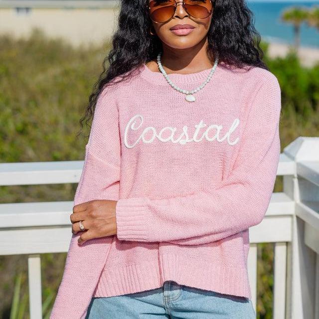 Off To The Beach Pink Coastal Script Sweater Product Image