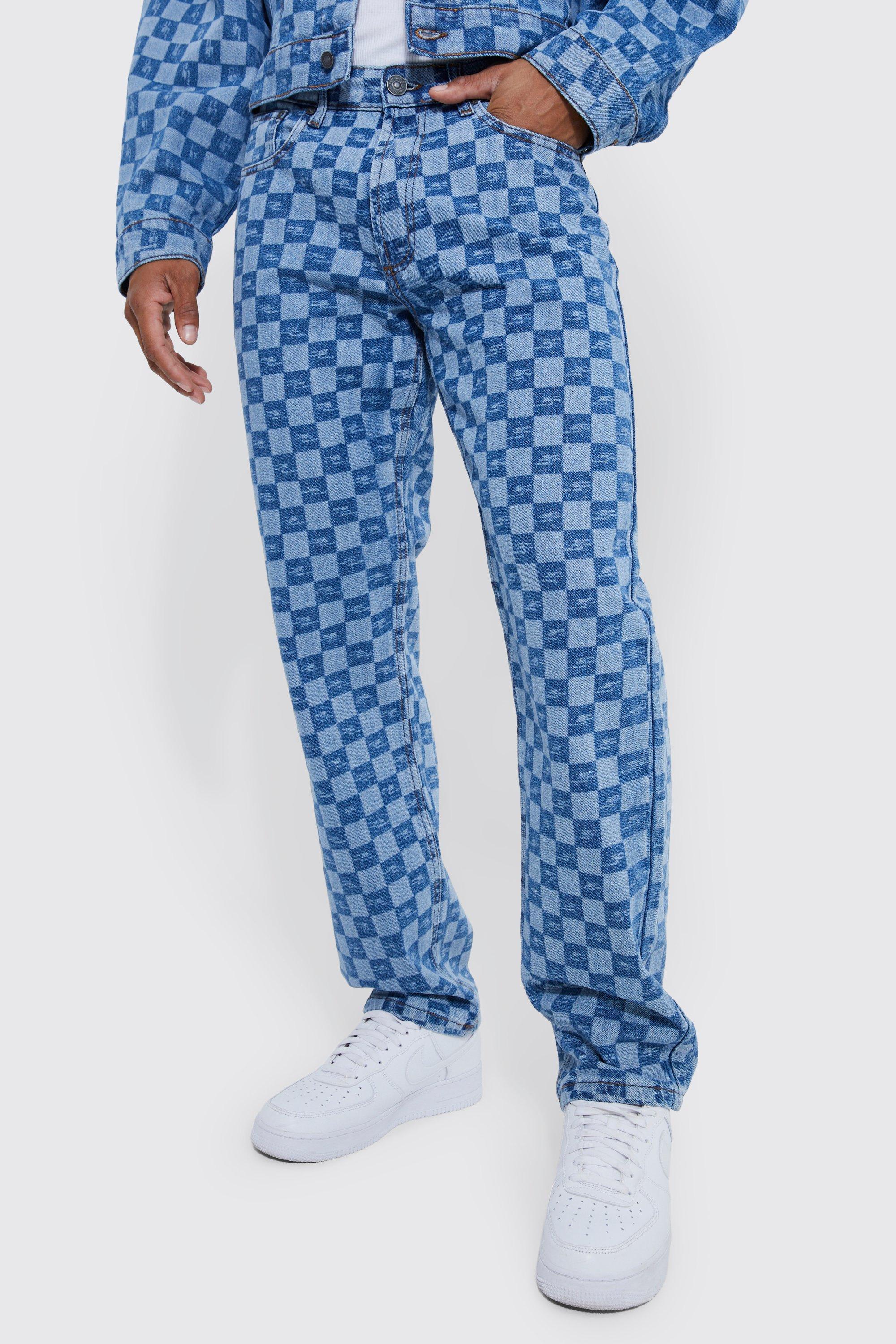 Mens Blue Relaxed Rigid Checkerboard Laser Print Jeans, Blue Product Image