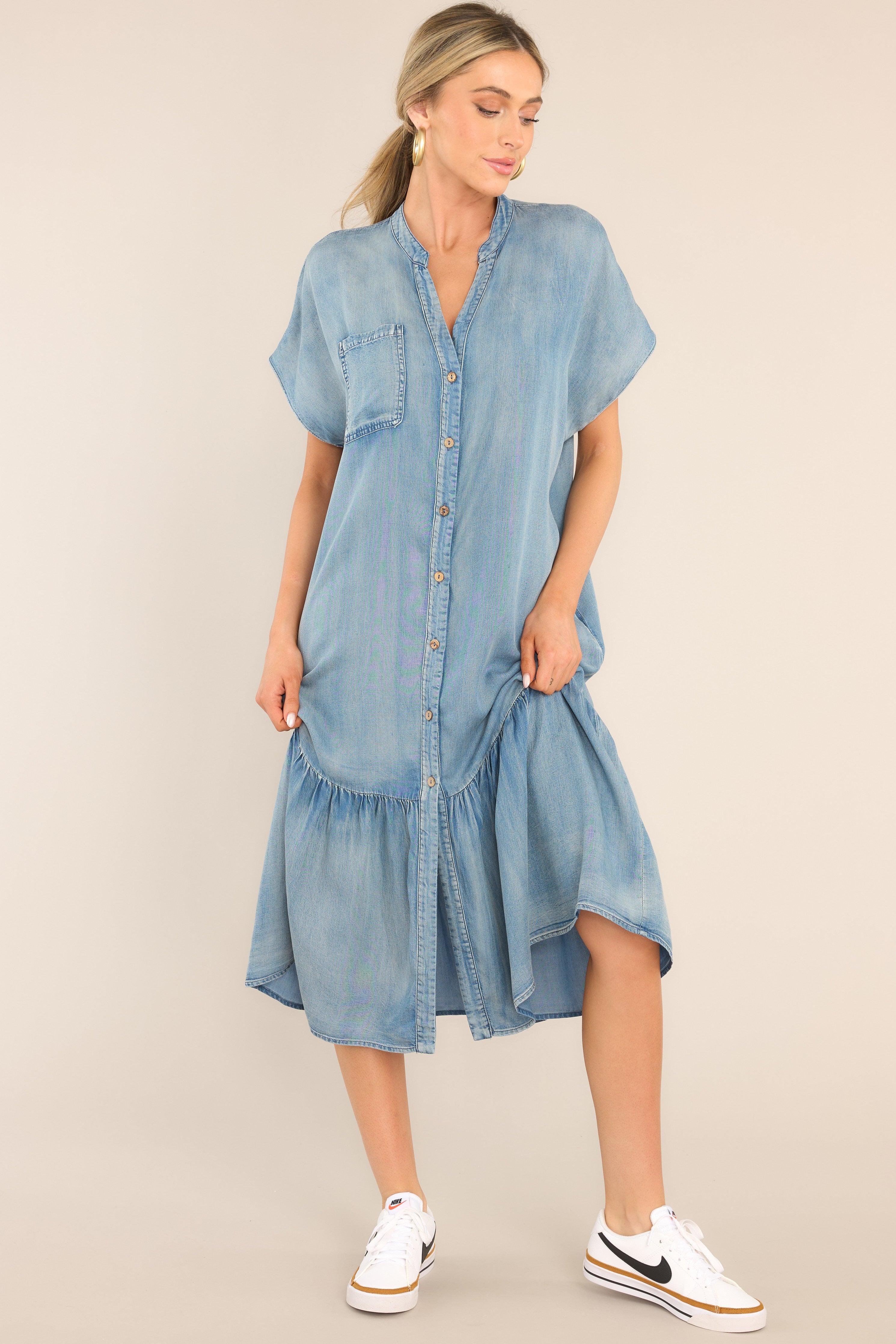 Another Crush Chambray Midi Shirt Dress Blue Product Image