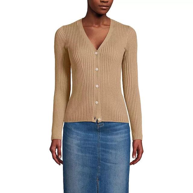 Womens Lands End Ribbed V-Neck Cardigan Sweater Vicuna Grey Product Image