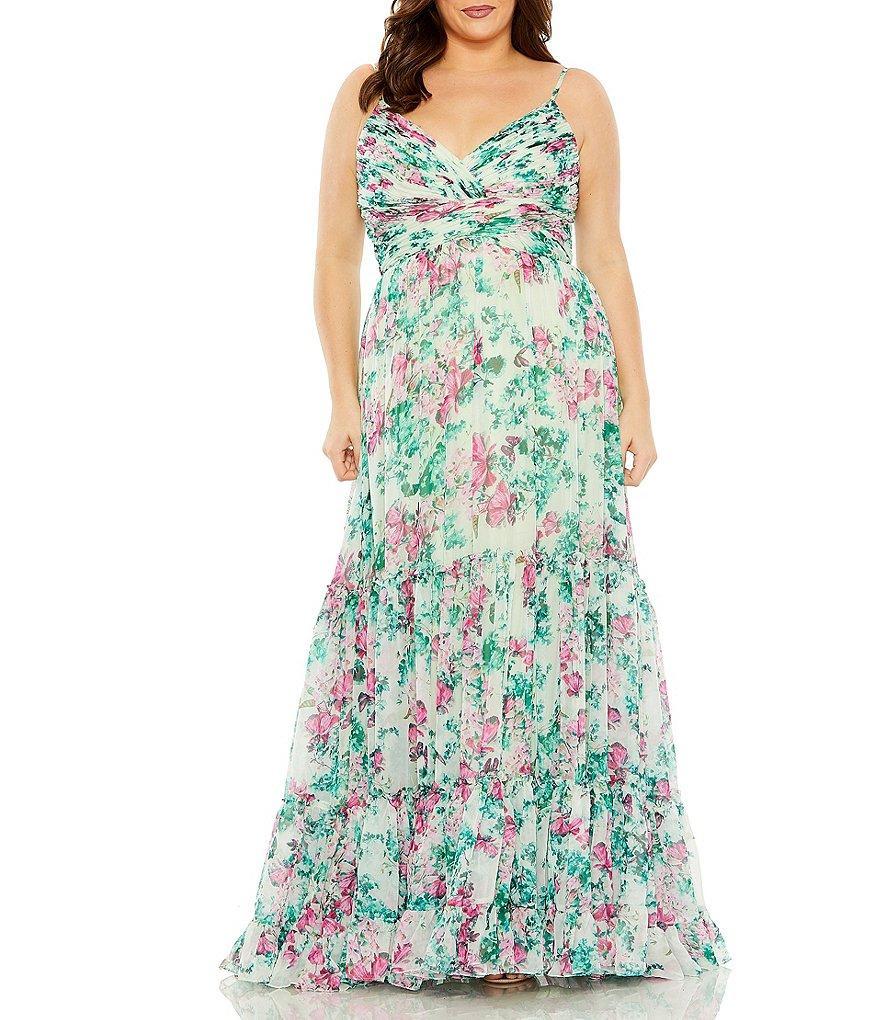 Mac Duggal Plus Size Floral Print Sweetheart Neckline Sleeveless Ruffle Gown Product Image