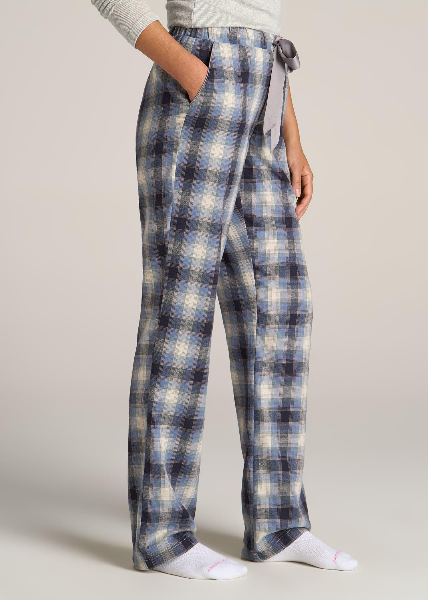 Open-Bottom Flannel Women's Tall Pajama Pants in Blue and Grey Weave Female Product Image