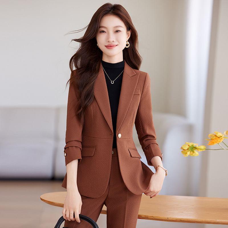 Peak Lapel Plain Single-Button Blazer / High Waist Bootcut Slacks / Set Product Image