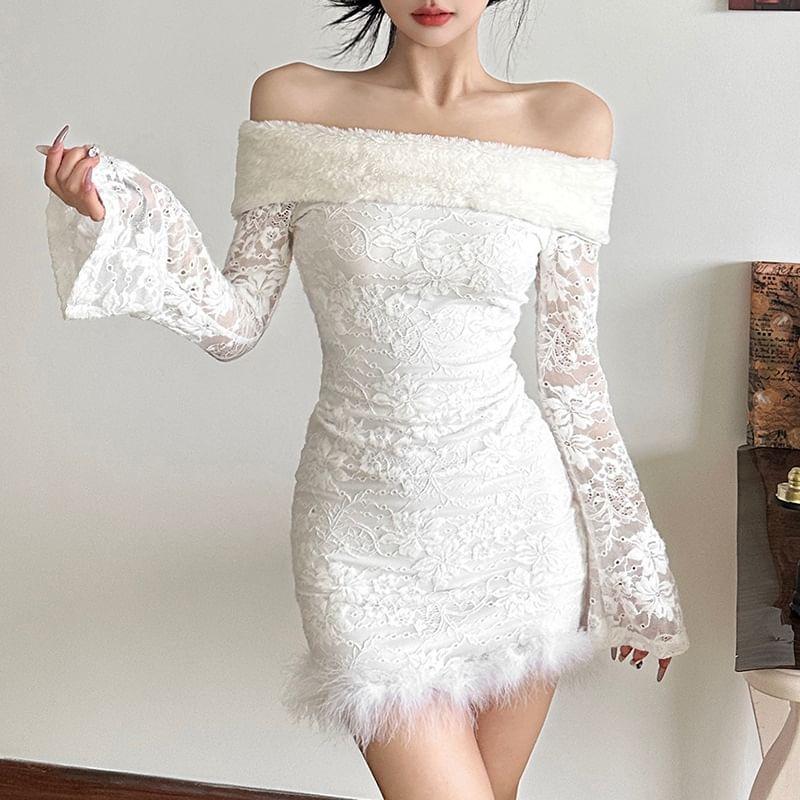 Bell Sleeve Off-Shoulder Fleece Panel Plain Lace Slim-Fit Mini Bodycon Dress Product Image