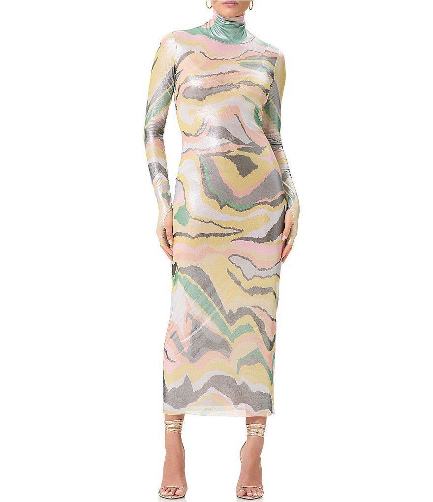 AFRM Shailene Printed Foil Mesh Turtleneck Long Sleeve Midi Dress Product Image