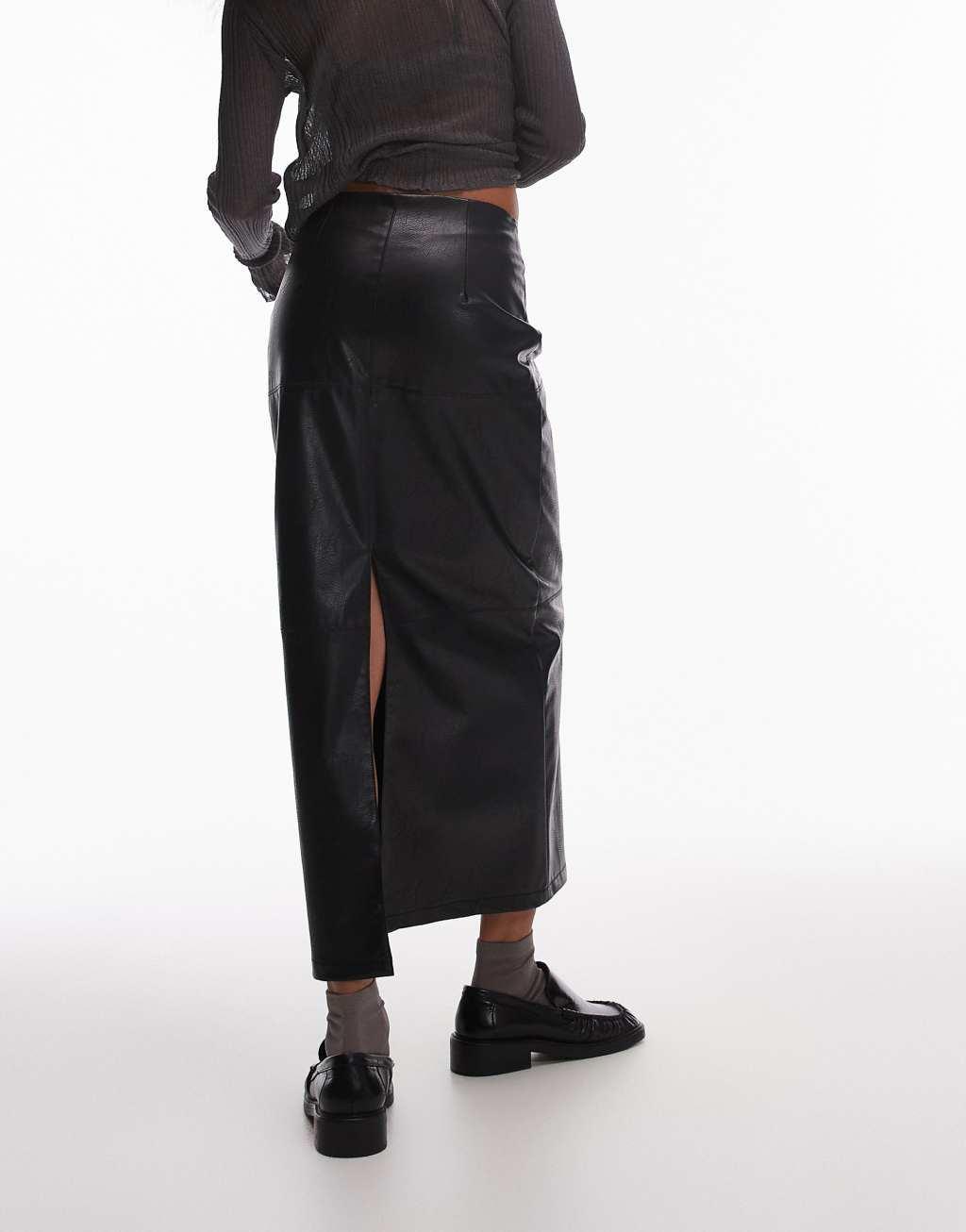 Topshop faux leather clean panel midi skirt in black  Product Image