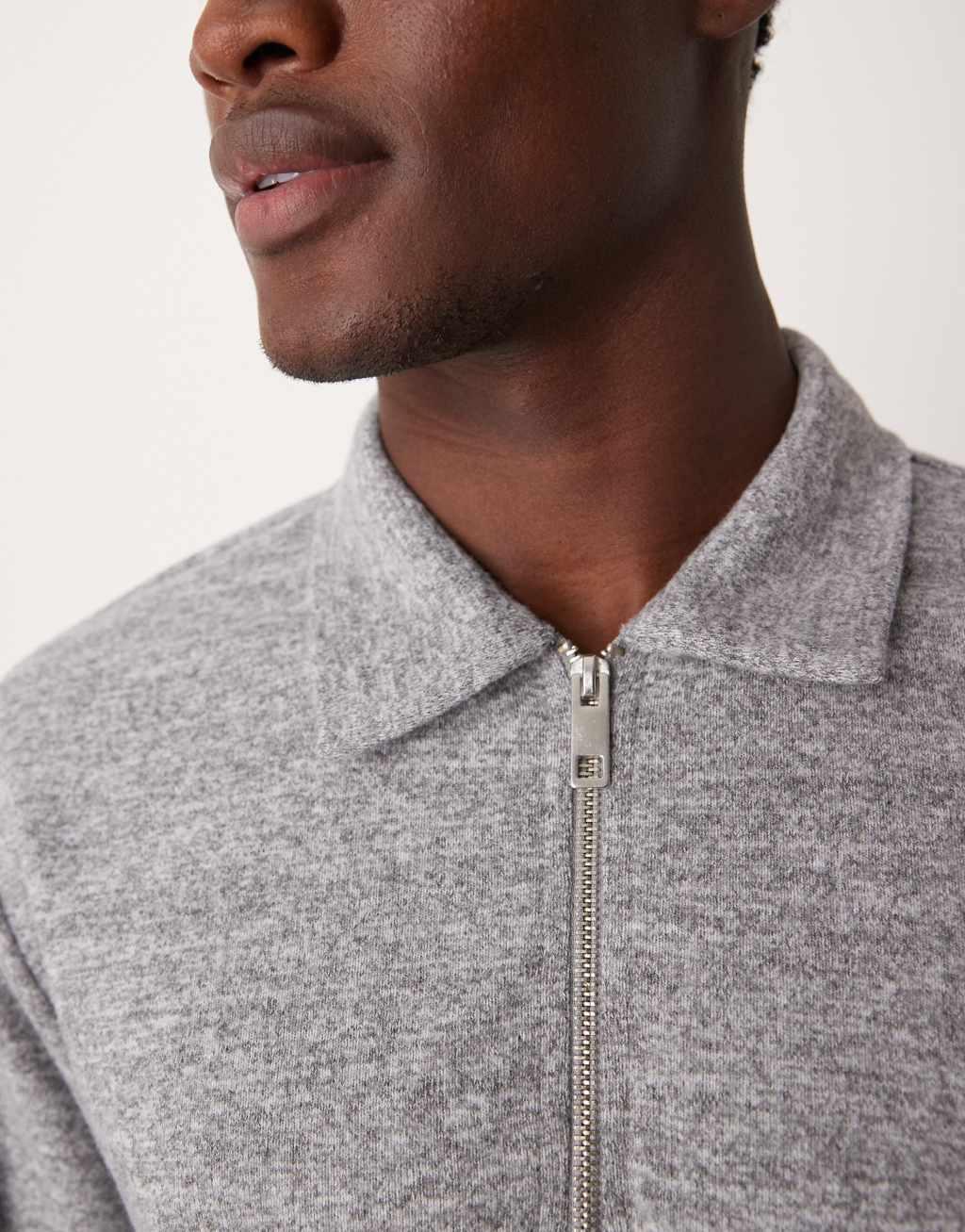 ASOS DESIGN long sleeve brushed rib polo with zip in gray heather Product Image