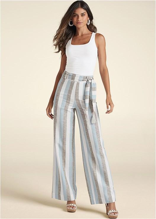 Striped Wide Leg Linen Pants With Self Belt Product Image