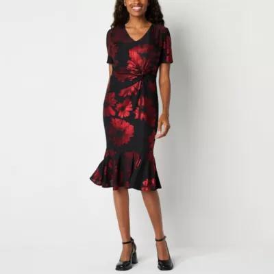 Liz Claiborne Womens Short Sleeve Floral Midi Fit + Flare Dress Product Image