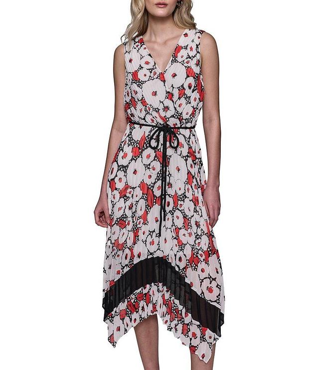 KARL LAGERFELD PARIS Floral Chiffon Pleated V-Neck Sleeveless Rope Belt Midi A-Line Dress Product Image