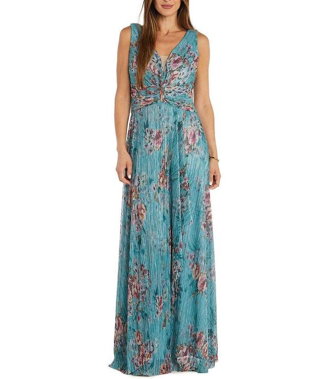 R & M Richards Sleeveless V-Neck Ruched Waist Floral Print Gown Product Image