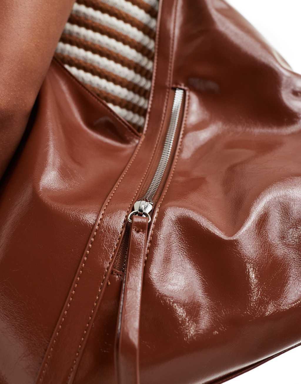 Glamorous asymmetric zip detail tote bag in chocolate brown Product Image