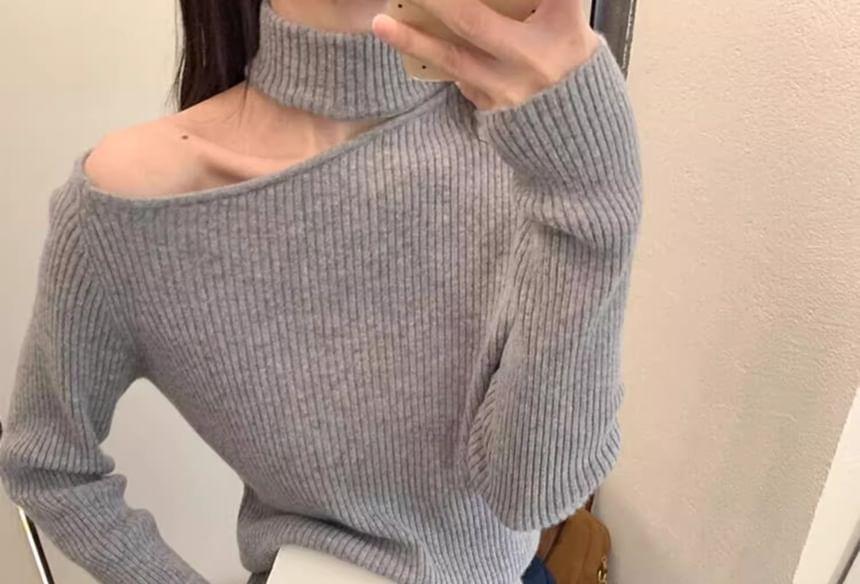 Cold Shoulder Mock Neck Plain Sweater Product Image