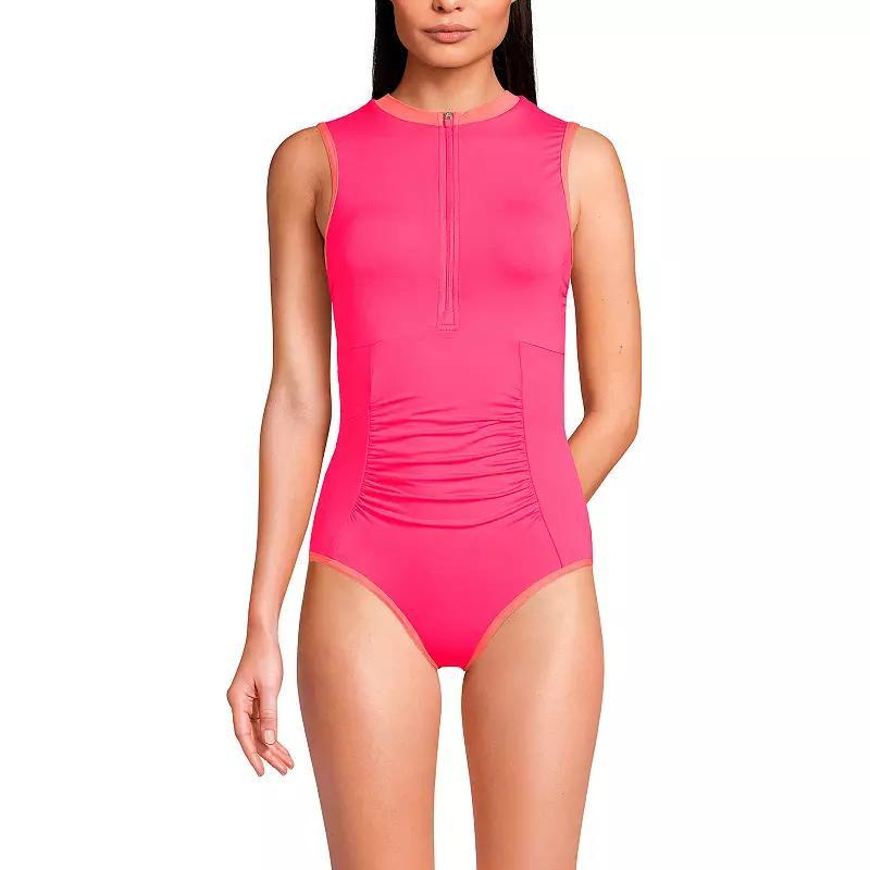 Lands End Womens High Neck Zip Front One Piece Swimsuit with Pockets - Electric blue Product Image