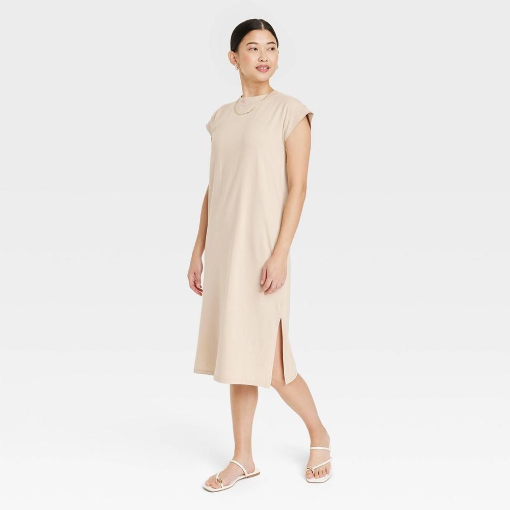 Womens Short Sleeve Midi Shirtdress - A New Day Tan M Product Image