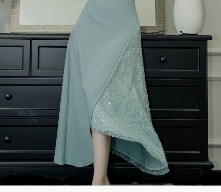 Long Sleeve Square Neck Plain Sequin Panel Asymmetrical Midi A-Line Dress Product Image