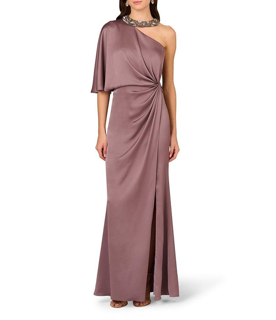 Aidan Mattox Satin Crepe Back Asymmetrical One Shoulder Beaded Neck Short Sleeve Side Twist Column Gown Product Image