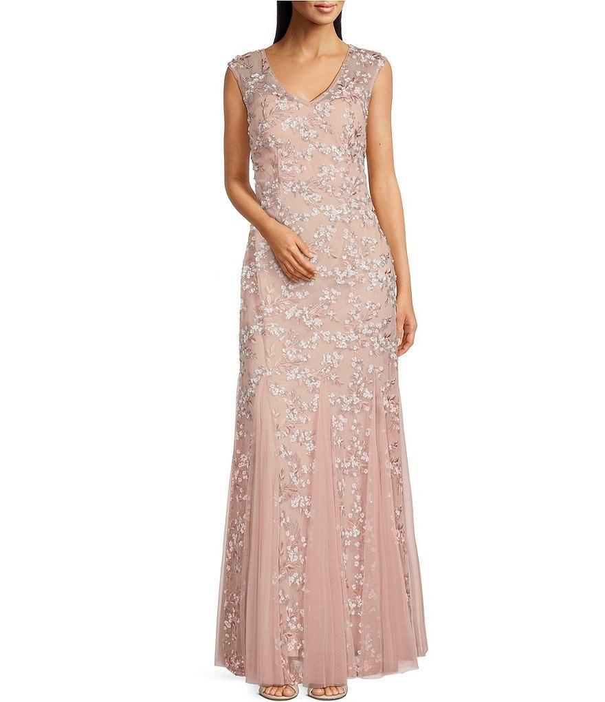 Alex Evenings Cap Sleeve V-Neck Godet Skirt Embroidered Gown product image