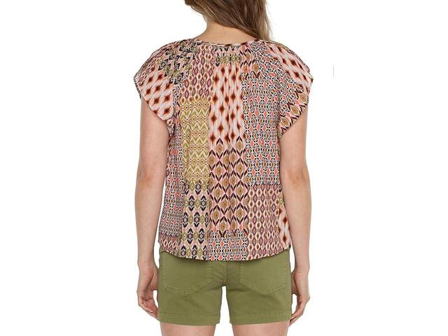 Liverpool Los Angeles Flutter Sleeve Woven Top with Tie Detail (Geo Patchwork) Women's Clothing Product Image