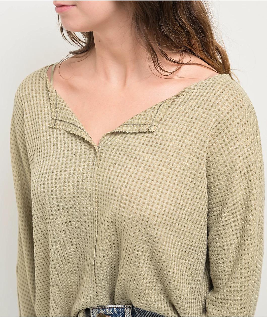 Blu Pepper Waffle Knit Split Neck Beige Long Sleeve T-Shirt Product Image