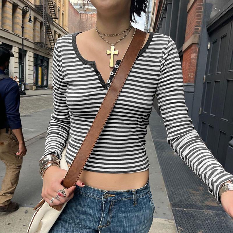 Long Sleeve Henley Striped T-Shirt Product Image