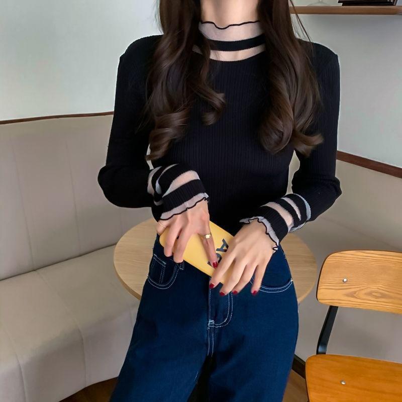 Long-Sleeve Mock Neck Plain Mesh Panel Ribbed Knit Top Product Image