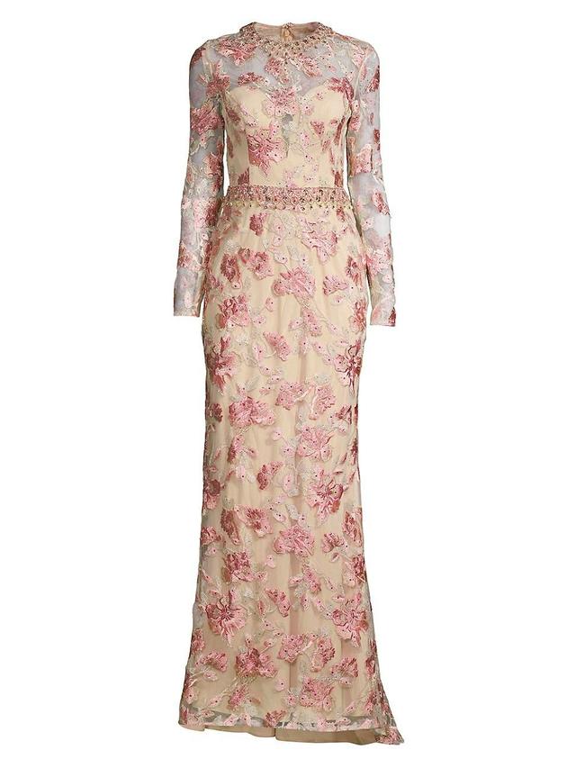 Womens Floral Embroidered Tulle Column Gown Product Image