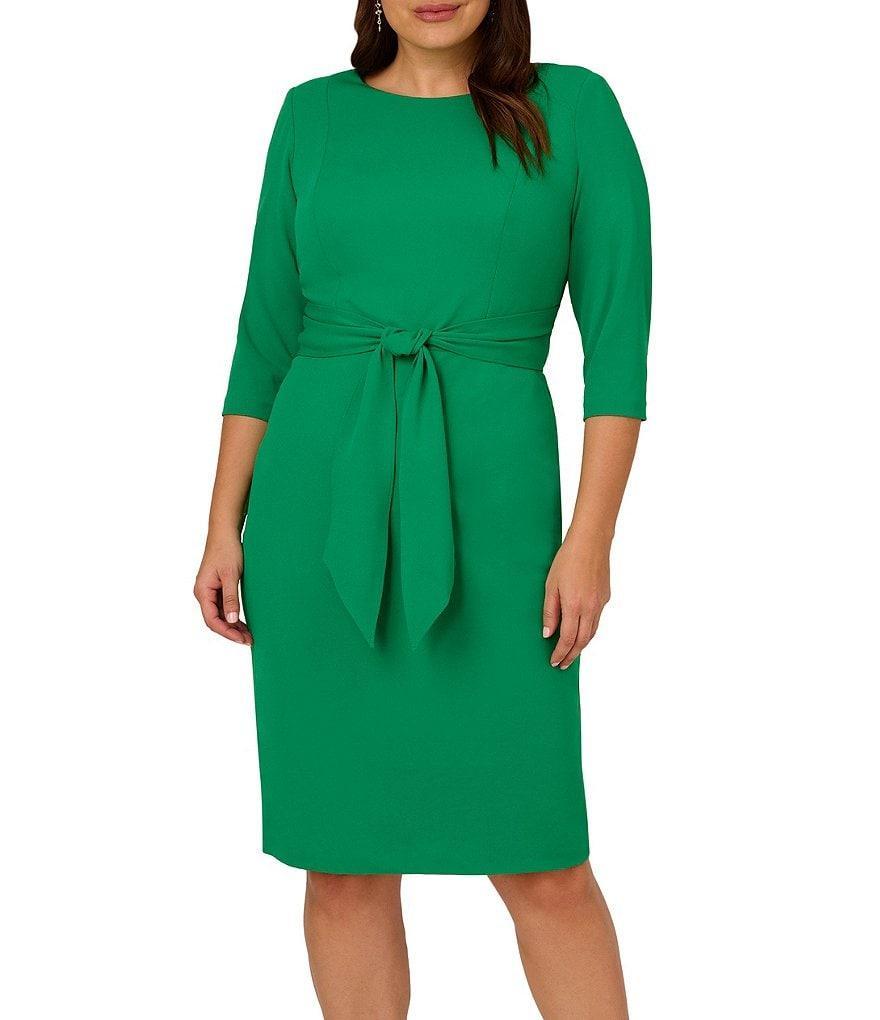 Adrianna Papell Plus Size Crepe Knit Tie Waist 3/4 Sleeve Round Neck Sheath Dress product image