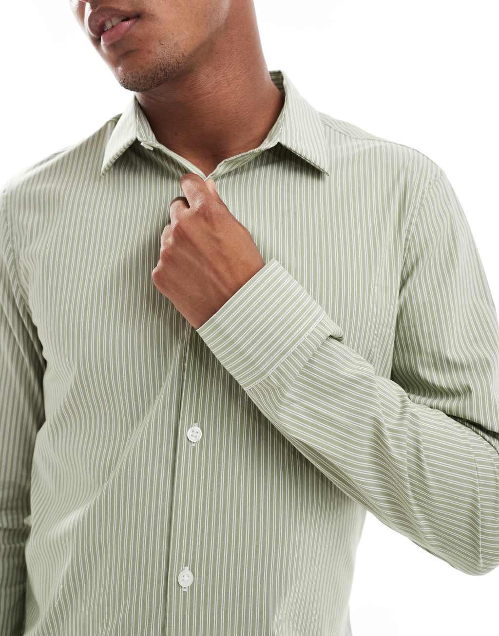 ASOS DESIGN skinny stripe shirt in khaki Product Image