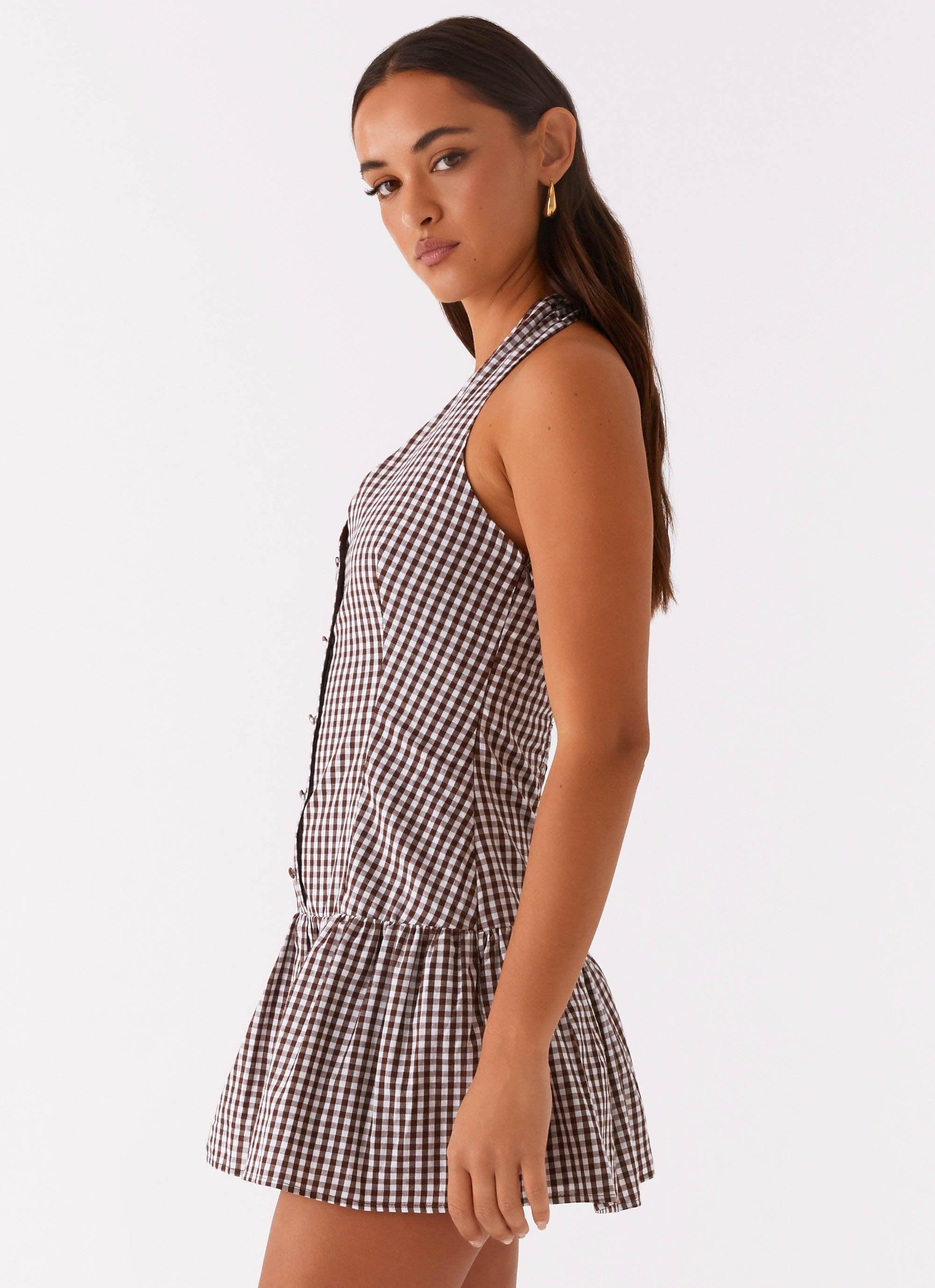 New Look Shirred Halter Mini Dress - Chocolate Gingham Product Image