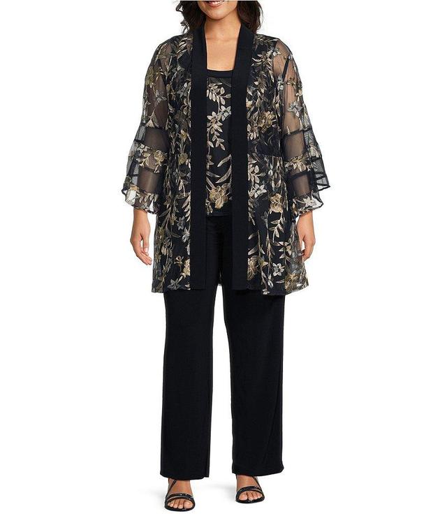 R & M Richards Plus Size Embroidered Mesh 3/4 Bell Sleeve 2-Piece Pantsuit Product Image