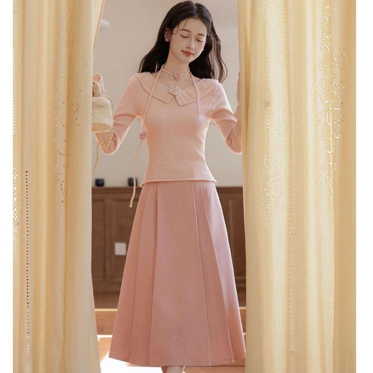 Set: Long Sleeve V-Neck Plain Flower Detail Knit Top + High Rise Plain Pleated Midi A-Line Skirt + Belt Product Image