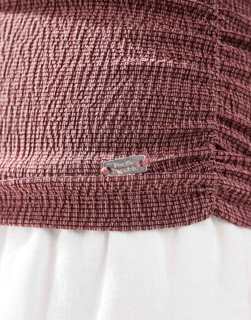 Pull&Bear textured ruched one shoulder top in burgundy Product Image