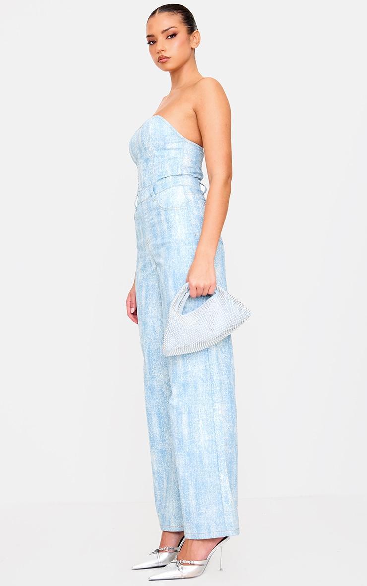 Blue Studded Diamante Denim Bandeau Wide Leg Jumpsuit Product Image