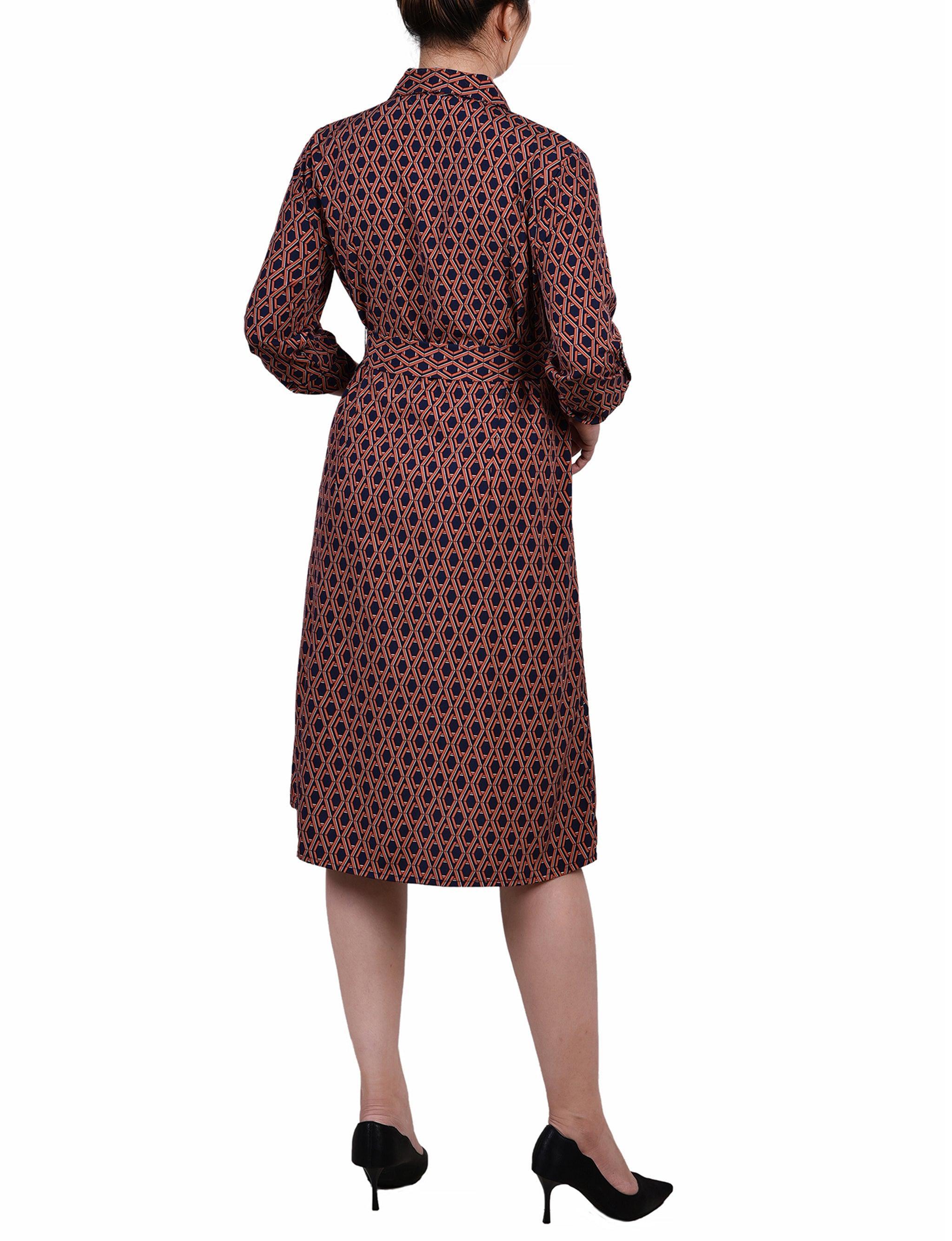 3/4 Length Roll Tab Sleeve Belted Shirtdress - Petite Product Image