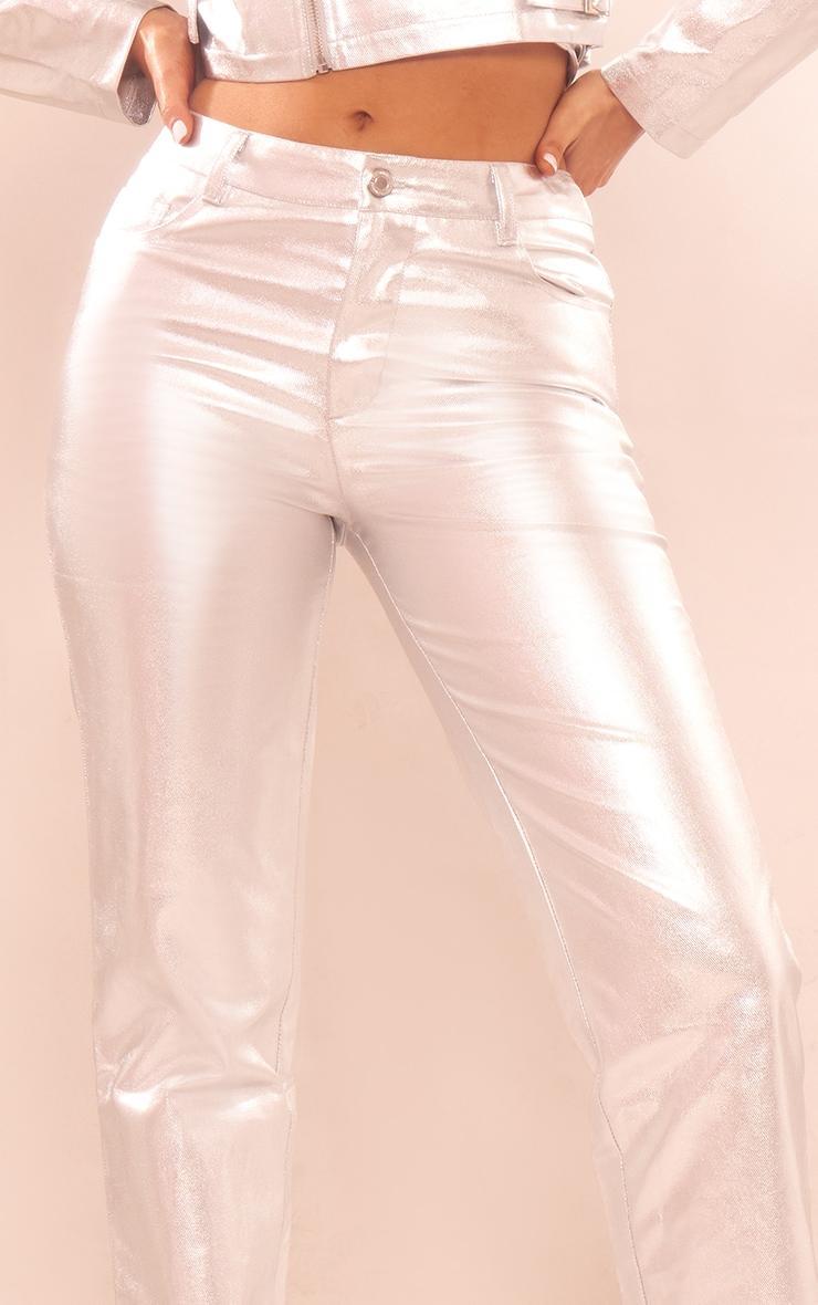 Silver Metallic Coated Denim Straight Leg Jeans Product Image