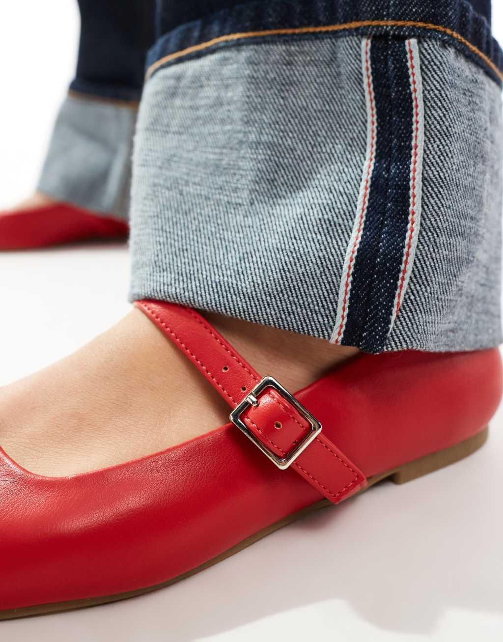 ASOS DESIGN Wide Fit Lottie Mary Jane ballet flats in red Product Image