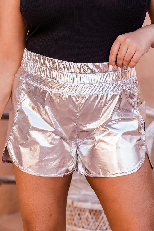 Errands To Run Silver Metallic High Waisted Athletic Shorts FINAL SALE Product Image